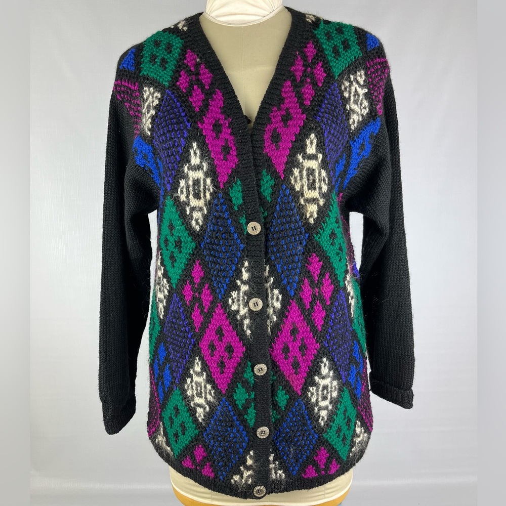 1990s VTG Ladies’ Small Russ Sport Cardigan Sweater, Wool Blend Jewel Tone